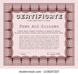 Red Certificate diploma or award template. Modern design. Vector illustration. Easy to print. 