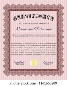 Red Certificate diploma or award template. Nice design. Vector illustration. With complex background. 