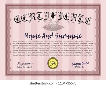 Red Certificate diploma or award template. Complex background. Vector illustration. Artistry design. 