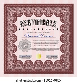 Red Certificate diploma or award template. Vector illustration. With complex linear background. Beauty design. 