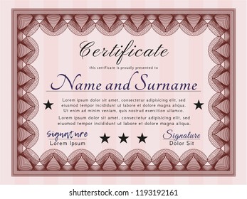 Red Certificate diploma or award template. With guilloche pattern and background. Sophisticated design. Customizable, Easy to edit and change colors. 