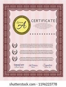 Red Certificate diploma or award template. Money design. Detailed. With linear background. 