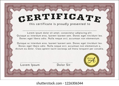 Red Certificate diploma or award template. With background. Vector illustration. Money design. 