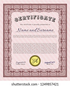 Red Certificate diploma or award template. Printer friendly. Detailed. Money design. 
