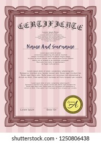 Red Certificate diploma or award template. Nice design. Detailed. With complex background. 