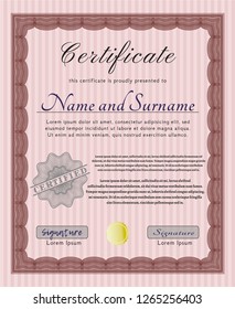 Red Certificate diploma or award template. Cordial design. Detailed. Printer friendly. 