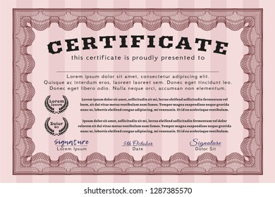 Red Certificate diploma or award template. With quality background. Money Pattern. Vector illustration. 