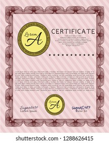 Red Certificate diploma or award template. With complex linear background. Detailed. Nice design. 