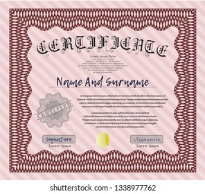 Red Certificate diploma or award template. Beauty design. Detailed. With complex linear background. 