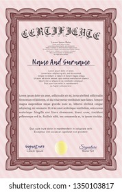 Red Certificate diploma or award template. Artistry design. With complex background. Vector illustration. 