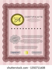 Red Certificate diploma or award template. With great quality guilloche pattern. Vector illustration. Lovely design. 