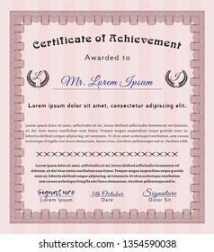 Red Certificate diploma or award template. Customizable, Easy to edit and change colors. With great quality guilloche pattern. Cordial design. 