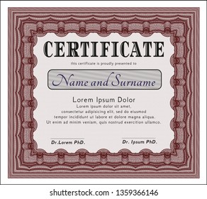 Red Certificate diploma or award template. With background. Cordial design. Vector illustration. 
