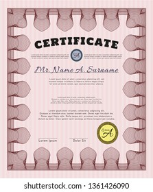 Red Certificate diploma or award template. With background. Sophisticated design. Detailed. 