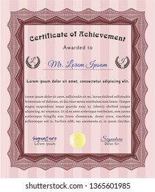 Red Certificate diploma or award template. Vector illustration. With great quality guilloche pattern. Beauty design. 