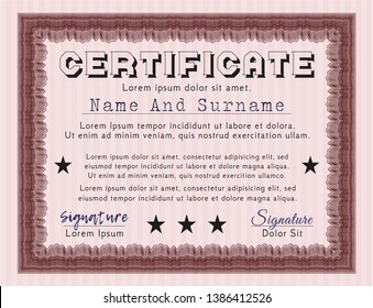 Red Certificate diploma or award template. Cordial design. With guilloche pattern and background. Detailed. 