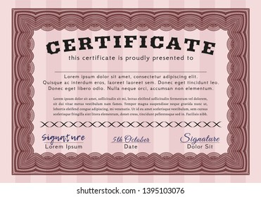Red Certificate diploma or award template. With complex background. Lovely design. Vector illustration. 