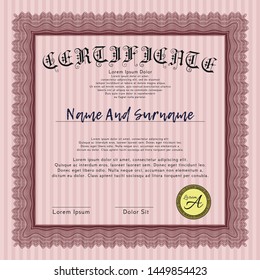 Red Certificate diploma or award template. Lovely design. Vector illustration. Printer friendly. 