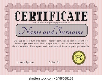 Red Certificate diploma or award template. Detailed. With linear background. Money style design. 
