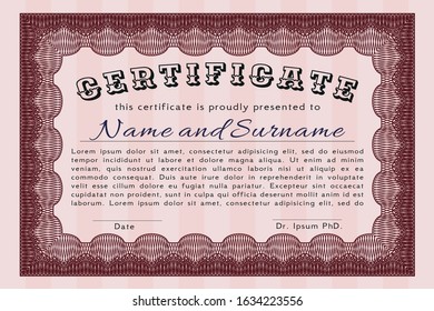 Red Certificate diploma or award template. Money style design. Detailed. Printer friendly. 