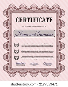 Red Certificate diploma or award template.  Sophisticated design.   Vector illustration. 
