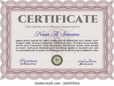 Red Certificate, Diploma of completion with guilloche pattern and background, border, frame. Certificate of Achievement, Certificate of education, awards, winner.