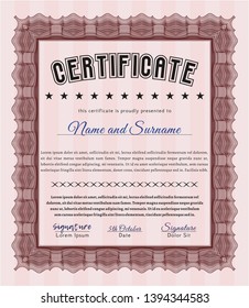Red Certificate or diploma template. Artistry design. With guilloche pattern. Vector illustration. 