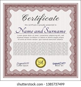 Red Certificate or diploma template. With background. Nice design. Vector illustration. 