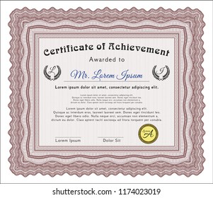 Red Certificate or diploma template. With complex background. Money design. Vector illustration. 