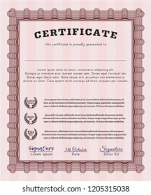 Red Certificate or diploma template. With complex background. Cordial design. Vector illustration. 