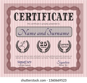 Red Certificate or diploma template. With complex linear background. Vector illustration. Elegant design. 