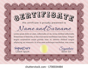Red Certificate or diploma template. With complex background. Money Pattern design. Vector illustration. 