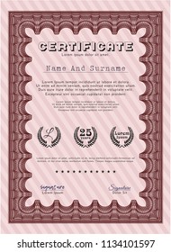 Red Certificate or diploma template. Detailed. With complex linear background. Artistry design. 