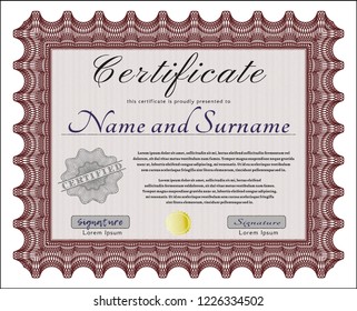 Red Certificate or diploma template. Detailed. With complex linear background. Money style design. 