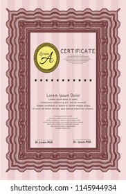Red Certificate or diploma template. Excellent design. Vector illustration. With great quality guilloche pattern. 