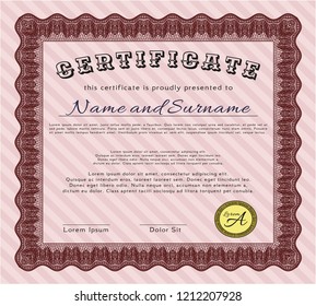 Red Certificate or diploma template. Money style design. With great quality guilloche pattern. Vector illustration. 