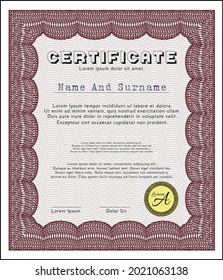 Red Certificate or diploma template.  Money Pattern design.  With guilloche pattern.  Detailed. 