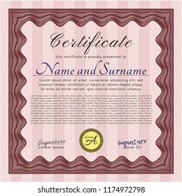 Red Certificate or diploma template. Perfect design. Detailed. With guilloche pattern and background. 