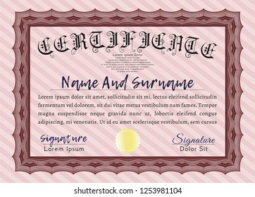 Red Certificate or diploma template. Perfect design. Vector illustration. With complex background. 
