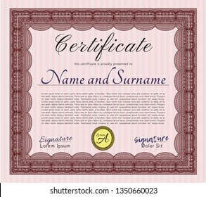 Red Certificate or diploma template. Perfect design. Vector illustration. Printer friendly. 
