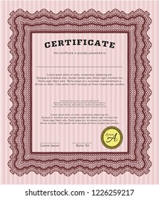 Red Certificate or diploma template. Retro design. Vector illustration. With complex linear background. 