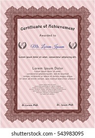 Red certificate or diploma template with sample text and complex border or frame. Cute background.