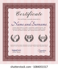  Red Certificate or diploma template. Vector illustration. Complex background. Nice design. 