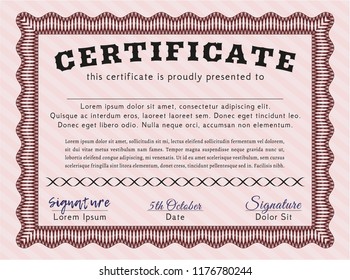 Red Certificate or diploma template. Vector illustration. With complex background. Modern design. 