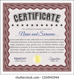Red Certificate or diploma template. Vector illustration. Complex background. Cordial design. 
