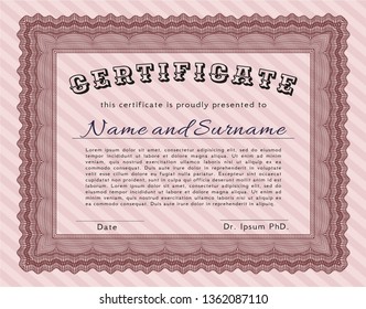 Red Certificate or diploma template. Vector illustration. With background. Beauty design. 