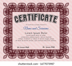 Red Certificate or diploma template. Vector illustration. With guilloche pattern and background. Retro design. 