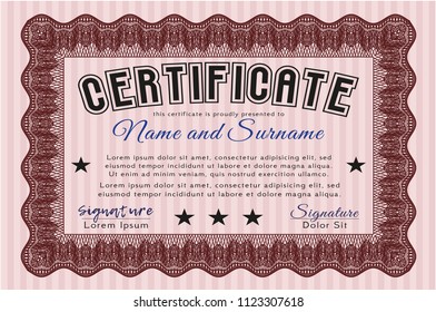 Red Certificate. With guilloche pattern and background. Vector illustration. Lovely design. 