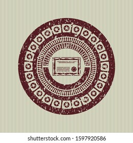 Red certificate icon inside distress rubber stamp with grunge texture