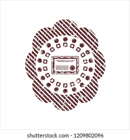 Red certificate icon inside distressed rubber stamp with grunge texture